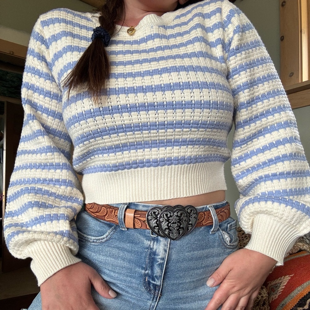 Blue and cream Striped Cropped Sweater